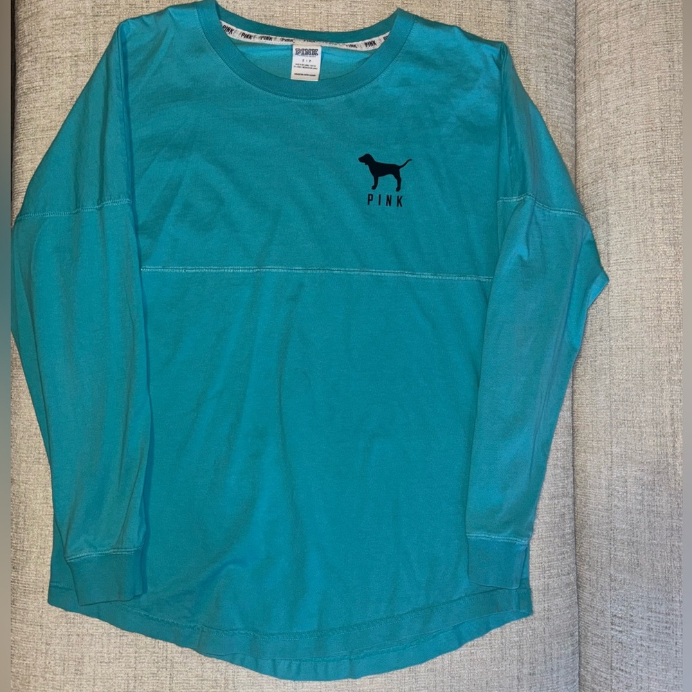 PINK Victoria's Secret Teal Long Sleeve Tee Leopard Print Logo Embroidered Small